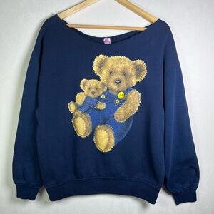 Urban Renewal Women’s Teddy Bear Graphic Sweatshirt Navy Blue Crewneck Size L